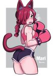  1girl amazu_(kurozu) animal_ear_fluff animal_ears artist_name ass bare_shoulders black_shorts boxing_gloves braid breasts cat_ears cat_girl cat_tail character_name commentary from_side grey_background heavy_breathing looking_at_viewer looking_to_the_side mari_(amazu) open_mouth original red_hair sharp_teeth short_eyebrows short_shorts shorts signature small_breasts solo spikes tail teeth thick_eyebrows two-tone_background white_background 