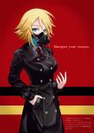  1girl black_coat blonde_hair blue_eyes coat copyright_request cosplay_request gas_mask hand_in_pocket highres idolmaster long_sleeves looking_at_viewer mask necktie rabe_p red_background red_necktie short_hair solo standing striped_necktie umeki_otoha 