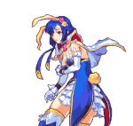  1girl animal_ears blue_eyes blue_hair blue_thighhighs blush breasts catria_(spring)_(fire_emblem) cleavage cowboy_shot detached_collar elbow_gloves english_commentary fake_animal_ears fake_tail fire_emblem fire_emblem:_mystery_of_the_emblem fire_emblem_heroes glaceo gloves hair_ornament headband medium_breasts official_alternate_costume one_eye_closed pixel_art playboy_bunny rabbit_ears rabbit_tail short_hair solo tail thighhighs transparent_background white_gloves white_headband zettai_ryouiki 