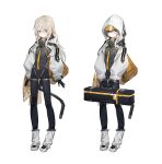  1girl absurdres arms_at_sides black_bodysuit blonde_hair bodysuit breasts commentary dzhangfu5033 full_body highres holding_case hood hood_up long_hair looking_at_viewer original shrug_(clothing) small_breasts standing symbol-only_commentary variations yellow_eyes 