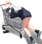  1girl ^^^ absurdres ass bare_legs black_footwear blue_archive can commentary_request energy_drink grey_hair hare_(blue_archive) highres hood hoodie in_shopping_cart long_hair long_sleeves monster_energy panties pomegranate_nana ponytail shopping_cart simple_background soda_can solo underwear white_background white_panties 
