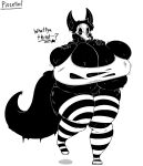  2021 anthro artist_name big_breasts big_tail black_and_white black_body black_fur black_sclera bone bottomless breasts canid canine clothed clothing curvy_figure dialogue english_text eyelashes featureless_breasts featureless_crotch female full-length_portrait fur goo_creature huge_breasts huge_thighs hyper hyper_breasts inner_ear_fluff kaira_(thecliche) looking_at_viewer mammal monochrome navel one_eye_closed overweight overweight_anthro overweight_female pixcello portrait prick_ears question shadow skull skull_head snout solo tail text thick_thighs topless torn_bra tuft underwear white_clothing white_eyes wink 