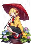  1girl ascot blonde_hair flower full_body hair_ribbon high_heels highres holding holding_umbrella hydrangea jacket leaf looking_at_viewer open_mouth red_ascot red_eyes red_ribbon red_socks red_umbrella ribbon rumia short_hair simple_background sitting socks solo squatting touhou umbrella white_background yabu_q yellow_jacket 