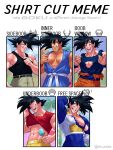  1boy ;d abs absurdres arm_behind_head armor bara belt black_belt black_hair black_tank_top blue_bodysuit bodysuit broken_armor brown_pants carless_(ppanic) chest_armor closed_eyes closed_mouth clothes_lift dougi dragon_ball dragon_ball_gt dragon_ball_z english_text food gloves grin hand_up highres holding holding_food large_pectorals lifted_by_self male_focus martial_arts_belt meme multiple_drawing_challenge muscular muscular_male navel nipples one_eye_closed open_mouth pants pectorals popsicle red_shirt saiyan_armor shirt shirt_cut_meme shirt_lift short_hair sidepec smile son_goku spiked_hair tank_top teeth torn_bodysuit torn_clothes twitter_username underpec white_gloves wristband 