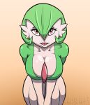  2023 abbirabbit anthro begging big_breasts breasts cleavage clothed clothing digital_media_(artwork) female gardevoir generation_3_pokemon hi_res humanoid looking_at_viewer looking_up nintendo open_mouth pokemon pokemon_(species) simple_background solo tongue 