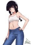  1girl black_hair braid commentary cowboy_shot crop_top green_eyes highres kantai_collection kitakami_(kancolle) lanthan looking_at_viewer midriff solo sports_bra white_background white_sports_bra 