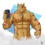  2023 abs absurd_res anthro barechested biceps cellphone chance_furlong clothed clothing dog_tags felid feline grin hanna-barbera hi_res holding_cellphone holding_object holding_phone holding_smartphone jewelry male mammal muscular navel necklace nipples obenpanda pecs phone selfie shirtless shirtless_male smartphone smile solo swat_kats taking_selfie tile tile_wall topless topless_male triceps waist_up wall_(structure) wet 