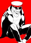  1boy absurdres amputee bandages belt collarbone double_amputee evil_grin evil_smile grin hat hat_over_one_eye highres jacket jacket_on_shoulders male_focus monochrome nakaichi-kun_(sntgr_nk1) pants pectoral_cleavage pectorals red_background shirt shoujo_tsubaki signature simple_background sitting smile solo teeth tokkuriji_muchisute 