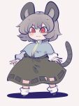  1girl animal_ears ankle_socks black_footwear blush brown_skirt chahan_(fried_rice0614) grey_hair highres looking_ahead mouse_ears mouse_girl mouse_tail nazrin red_eyes shadow simple_background skirt skirt_cutout socks spread_fingers tail touhou white_background white_socks 