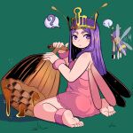  1girl ? ankle_cuffs antennae arthropod_girl barefoot bee_girl bee_wings blush commentary dress expressionless full_body grass green_background highres honey honeycomb_(object) hornet_(ragnarok_online) long_hair mistress_(ragnarok_online) ninelean open_mouth parted_bangs pink_dress purple_eyes purple_hair ragnarok_online sidelocks sitting soles spoken_question_mark tiara toes wariza wasp 