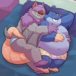  2023 anthro bat bed belly big_belly blue_body clothing cute_fangs duo dylan_(the_human_heart) eulipotyphlan eyes_closed fan_character furniture grey_body hi_res kemono leonthelionel male mammal mole_(animal) moobs overweight overweight_male pillow the_human_heart_(game) underwear 