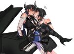  2girls asymmetrical_horns bare_shoulders black_choker black_dress black_hair blue_hair breasts choker colored_inner_hair demon_horns dress hair_ornament highres hololive hololive_english horns instrument lace-trimmed_choker lace_trim large_breasts long_hair multicolored_hair multiple_girls nerissa_ravencroft piano red_eyes shiori_novella split-color_hair two-tone_hair uneven_horns virtual_youtuber white_background white_hair yellow_eyes yuri yuulianda 