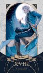  1boy black_gloves blue_coat blue_eyes coat devil_may_cry_(series) fingerless_gloves gloves highres holding holding_sword holding_weapon katana lolvivianli looking_at_viewer male_focus roman_numeral solo sword tarot tarot_(medium) the_moon_(tarot) vergil_(devil_may_cry) weapon white_hair yamato_(sword) 