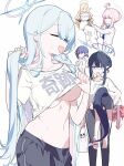  6+girls ? ahoge ayumu_(blue_archive) ba_fed_kitaku bag barefoot black_hair black_shorts blonde_hair blue_archive blue_eyes blue_hair breasts carrying carrying_person carrying_under_arm closed_eyes closed_mouth general_student_council_president_(blue_archive) glasses halo holding holding_bag holding_clothes holding_shirt kaya_(blue_archive) large_breasts lifted_by_self long_hair looking_at_another momoka_(blue_archive) multiple_girls open_mouth pink_hair pointy_ears rin_(blue_archive) shirt short_hair_with_long_locks short_sleeves shorts sweat t-shirt tail very_long_hair white_background white_shirt 