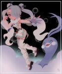  1girl altaria bare_shoulders black_background border bright_pupils bubble closed_mouth cloud detached_sleeves double_bun dress flying_miku_(project_voltage) full_body fur_collar gradient_hair grey_eyes grey_hair hair_bun hair_over_one_eye hatsune_miku highres kneehighs long_hair long_sleeves looking_at_viewer loose_socks multicolored_hair no_lineart one_eye_covered outside_border poke_ball pokemon pokemon_(creature) pom_pom_(clothes) project_voltage sandals see-through see-through_sleeves short_dress sleeveless sleeveless_dress socks solo tassel twintails very_long_hair vocaloid waist_poke_ball white_border white_hair white_pupils white_socks yorita_genyu 