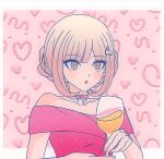  1girl :o bare_shoulders brown_eyes brown_hair collarbone cup danganronpa_(series) danganronpa_10th_anniversary_costume danganronpa_2:_goodbye_despair dress galaga glass gradient_hair hair_ornament heart holding holding_cup medium_hair multicolored_hair nanami_chiaki off_shoulder official_alternate_costume official_alternate_hairstyle pink_dress short_sleeves sinamolol solo upper_body 