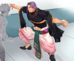  2boys black_shirt cropped_shirt duryodhana_(fate) earrings facial_hair fate/grand_order fate_(series) flower fujimaru_ritsuka_(male) goatee imoda indian_clothes jewelry looking_at_another mature_male midriff multiple_boys muscular muscular_male necklace purple_eyes purple_flower purple_hair purple_rose red_flower red_rose rose sash shirt short_hair shoulder_sash single_earring smile 