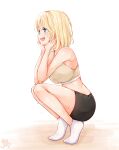  1girl :d absurdres bike_shorts blonde_hair blue_eyes english_commentary head_rest highres hololive hololive_english ma_draws medium_hair midriff open_mouth simple_background smile socks solo sports_bra squatting sweat virtual_youtuber watson_amelia white_background white_socks 