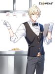  1boy ahoge badge belt black_belt black_bow black_bowtie black_vest blonde_hair bow bowtie clipboard closed_mouth closers collared_shirt copyright_name counter cowboy_shot food gloves grey_pants hands_up highres holding holding_clipboard logo looking_down male_focus noodles note official_art pants plate pointing pointing_to_the_side red_eyes shirt short_hair sleeves_past_elbows solo sweatdrop traditional_bowtie truss vest waistcoat waiter white_background white_gloves white_shirt wolfgang_schneider 