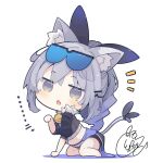  1girl animal_ear_fluff animal_ears barefoot bell beni_shake black_jacket black_ribbon black_shorts blush cat_ears cat_girl cat_tail chibi colored_shadow commentary_request fang full_body fur-trimmed_jacket fur_trim goggles goggles_on_head grey_eyes grey_hair hair_ornament hair_ribbon hairclip honkai:_star_rail honkai_(series) jacket jingle_bell kemonomimi_mode looking_at_viewer neck_bell notice_lines open_mouth ponytail puffy_short_sleeves puffy_sleeves ribbon ringlets shadow short_shorts short_sleeves shorts signature silver_wolf_(honkai:_star_rail) simple_background solo tail tail_ornament tail_ribbon translation_request white_background 
