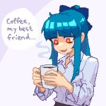  1girl blue_bow blue_hair bow coffee_mug collared_shirt cup endless_monday:_dreams_and_deadlines english_commentary english_text hair_bow hcnone holding holding_cup long_sleeves mug office_lady open_collar open_mouth orange_eyes original penny_(hcnone) pixel_art ponytail shirt sidelocks simple_background smile solo upper_body white_shirt 