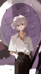  1boy belt black_pants brown_belt closed_mouth collared_shirt grey_background grey_hair hand_in_pocket highres looking_at_viewer male_focus multicolored_background nagisa_kaworu neon_genesis_evangelion pants qtonagi red_eyes red_shirt shirt solo white_background white_shirt 