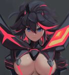  1girl black_hair breasts closed_mouth commentary hair_between_eyes highres kill_la_kill large_breasts looking_at_viewer matoi_ryuuko multicolored_hair rakeemspoon red_pupils revealing_clothes senketsu simple_background sketch solo streaked_hair upper_body v-shaped_eyebrows 