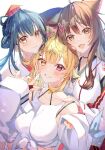  3girls ahoge animal_ear_fluff animal_ears bare_shoulders black_hair blonde_hair blue_bow blush bow breasts brown_eyes brown_hair butterfly_hair_ornament choker closed_mouth fumi_(1st_costume)_(nijisanji) fumi_(nijisanji) hair_between_eyes hair_ornament hand_on_another&#039;s_shoulder hat heterochromia hoshikawa_sara hoshikawa_sara_(1st_costume) japanese_clothes kimono large_breasts long_hair long_sleeves looking_at_viewer mizurapi multiple_girls nijisanji open_mouth orihimeboshi_(nijisanji) red_choker red_eyes shirt simple_background sleeveless sleeveless_shirt smile teeth tied_shirt tokin_hat virtual_youtuber white_background white_kimono white_shirt x_hair_ornament yamagami_karuta yamagami_karuta_(1st_costume) yellow_eyes 