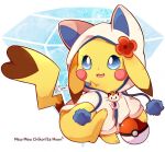  blue_eyes chikorita_moon clothing female feral flower fur generation_1_pokemon happy hoodie nintendo pikachu pink_cheeks plant pokeball pokemon pokemon_(species) rini_(sweetcupcake) sitting smile solo topwear yellow_body yellow_fur zipper 