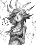  1girl :o ? absurdres bare_shoulders breasts cleavage crop_top flower freckles greyscale hair_flower hair_ornament highres large_breasts league_of_legends long_hair looking_at_viewer monochrome neeko_(league_of_legends) open_mouth reagan_long sketch solo_focus spoken_question_mark swept_bangs upper_body 