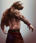  2019 abs anthro arm_tattoo back_hair back_muscles barechested biceps body_hair bovid bovine bracelet cattle chest_hair clothed clothing deltoids fur_clothing harness hi_res horn jewelry leather leather_harness looking_back male mammal manly movd muscular rear_view shoulder_tattoo side_view simple_background solo stomach_hair tattoo topless triceps yellow_eyes 