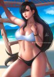  beach bikini black_bikini_bottom black_hair bracelet breasts carlos_vasseur earrings final_fantasy final_fantasy_vii final_fantasy_vii_remake highres jewelry ladder large_breasts long_hair looking_at_viewer navel patreon_username red_eyes sand summer swimsuit tifa_lockhart white_bikini 