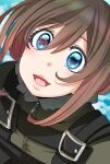  1girl :d blue_eyes blue_sky brown_hair cloud cloudy_sky green_jacket hal_(goshujinomocha) highres jacket long_hair long_sleeves looking_at_viewer military military_uniform open_mouth outdoors sky smile solo tareme uniform viktoriya_ivanovna_serebryakov youjo_senki zipper zipper_pull_tab 