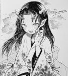  1girl blush fangs floral_print greyscale highres horns japanese_clothes kanimura_ebio kimono long_hair looking_at_viewer monochrome oni oni_horns open_mouth original pointy_ears print_kimono shikishi short_eyebrows signature smile solo teeth traditional_media upper_body wide_sleeves 