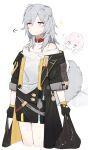  2girls ? ?? animal_ears bag bare_shoulders black_gloves black_jacket blush choker dog_ears dog_girl dog_tail gloves grey_hair highres honkai:_star_rail honkai_(series) hufy jacket long_hair long_sleeves looking_at_viewer march_7th_(honkai:_star_rail) medium_hair multiple_girls pink_hair plastic_bag red_choker sleeve_rolled_up stelle_(honkai:_star_rail) tail trailblazer_(honkai:_star_rail) trash_bag yellow_eyes yellow_trim 