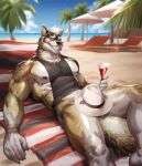  amon-sydonai anthro beach beach_towel beach_umbrella bottomless canid canine canis clothed clothing convenient_censorship covering covering_crotch grin hair hat headgear headwear hi_res looking_at_viewer lying male mammal muscular muscular_anthro muscular_male nipples on_back outside palm_tree pecs plant sand seaside sharp_teeth shirt smile solo tank_top teeth topwear towel tree white_hair wolf 