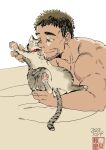  1boy affectionate bara blinking brown_hair cat from_side furrowed_brow goatee_stubble highres lying male_focus manamana596 mature_male mustache_stubble nude on_stomach original short_hair smile solo tail tail_wagging thick_eyebrows upper_body 