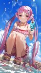  1girl absurdres amagasa_yun bare_shoulders bikini blue_sky breasts brown_footwear closed_mouth cloud collarbone commentary_request day dutch_angle full_body hair_ornament hairclip heaven_burns_red highres holding kunimi_tama long_hair looking_at_viewer outdoors pink_bikini pink_hair red_eyes sandals sky small_breasts smile smirk solo squatting star_(symbol) star_hair_ornament swimsuit twintails very_long_hair water water_gun 