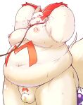  absurd_res anthro areola arms_above_head balls belly blush bodily_fluids chiro_(artist) collar fupa fur genitals hi_res leash male moobs navel nipples no_penis overweight pink_eyes solo sweat white_body white_fur 