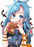  1girl :t \||/ ambiguous_red_liquid blue_eyes blue_hair breasts burger eating eyes_visible_through_hair food food_on_face grey_shirt hair_in_food hands_up himemushi_momoyo holding holding_food iizunamaru_megumu implied_cannibalism implied_murder ketchup long_hair looking_at_viewer medium_breasts meimei_(meimei89008309) messy_hair shirt short_sleeves simple_background solo sound_effects swept_bangs touhou upper_body very_long_hair white_background 