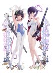  2girls alternate_costume animal_collar animal_ears armpits arms_up bare_legs barefoot black_hair blue_archive blue_leotard blush breasts cat collar competition_swimsuit covered_navel english_text fake_animal_ears fake_tail full_body gun gun_on_back halo haruka_(blue_archive) highres holding holding_gun holding_weapon jacket jacket_partially_removed leaf leaf_on_head leotard looking_at_viewer miyu_(blue_archive) multiple_girls one-piece_swimsuit pantyhose playboy_bunny purple_eyes rabbit_ears rabbit_tail shoes small_breasts sneakers standing strapless strapless_leotard suzu_(tonami0726) swimsuit tail toes track_jacket weapon weapon_on_back white_pantyhose 