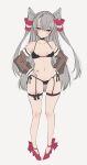 1girl amatsukaze_(kancolle) bikini black_bikini black_choker breasts brown_eyes chigasaki_yukari choker commentary_request detached_sleeves full_body grey_hair hair_tubes hands_on_own_hips highres kantai_collection long_hair looking_at_viewer red_footwear see-through see-through_sleeves side-tie_bikini_bottom simple_background small_breasts solo standing swimsuit two_side_up white_background 