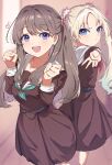  2girls :d absurdres back-to-back blonde_hair blue_eyes blush brown_dress brown_hair clenched_hands closed_mouth dot_nose double-parted_bangs dress feet_out_of_frame forehead fujishima_megumi gyaru_v hands_up heart highres lightning_bolt_symbol link!_like!_love_live! long_bangs long_hair long_sleeves love_live! multiple_girls one_side_up ooho0216 open_mouth osawa_rurino purple_eyes raised_eyebrows sailor_collar sailor_dress school_uniform sidelocks smile teeth upper_teeth_only v white_sailor_collar 