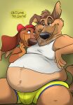  2023 all_dogs_go_to_heaven anthro backwards_hat belly big_belly bulge canid canine canis charlie_barkin chubby_anthro chubby_male clothing dialogue domestic_dog don_bluth duo eye_contact fangs fur half-closed_eyes hat headgear headwear hi_res itchy_itchiford looking_at_another male mammal narrowed_eyes navel notched_ear open_mouth overweight overweight_anthro overweight_male remmyfox shirt sitting slightly_chubby smile speech_bubble tank_top teeth text tongue topwear underwear 
