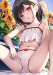  1girl bare_arms bare_legs bare_shoulders barefoot black_hair blue_sky bow bow_panties camisole collarbone commentary_request day feet_out_of_frame flower head_tilt highres looking_at_viewer navel original outdoors panties parted_lips red_eyes sky solo sunflower underwear underwear_only white_camisole white_panties yan_(nicknikg) yellow_flower 