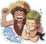  2boys arm_around_neck black_hair clenched_hand closed_eyes commentary copyright_name dark-skinned_male dark_skin dated earrings green_hair hat jewelry male_focus monkey_d._luffy multiple_boys multiple_earrings one_piece one_piece_(live_action) open_mouth roronoa_zoro smile sun_hat symbol-only_commentary tamaki26j zzz 