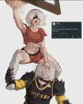  1boy 1girl 2b_(nier:automata) armor armpits ball basketball_(object) basketball_hoop basketball_uniform black_blindfold black_footwear blindfold breasts clothes_lift elbow_sleeve hair_over_one_eye hairband hand_on_another&#039;s_head highres medium_breasts meme motion_blur muscular muscular_female muscular_male navel one_eye_covered pauldrons raiden_(metal_gear) red_shorts shirt_lift short_hair short_shorts short_sleeves shorts shoulder_armor shouting simple_background spiked_hair sportswear stomach thighhighs twitter underboob upper_body venom_dunking_on_spider-man_(meme) white_background white_hair white_thighhighs wind yoracrab 