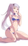  1girl bare_arms bare_legs bare_shoulders barefoot bikini blue_bikini blue_choker breasts brown_eyes choker collarbone commentary_request fairy_knight_lancelot_(fate) fate/grand_order fate_(series) grey_hair hair_ornament hairclip hand_up highres jilu long_hair looking_at_viewer medium_breasts open_mouth ponytail shadow side-tie_bikini_bottom simple_background sitting solo swimsuit very_long_hair wariza white_background 