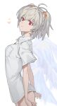  1girl angel angel_chromosome_xx angel_wings closed_mouth collared_shirt feathered_wings grey_hair highres looking_at_viewer naked_shirt neon_genesis_evangelion quwo shirt short_hair short_twintails smile solo tabris-xx twintails white_background white_shirt wings 