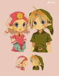  1boy 1girl :d ahoge artist_name blonde_hair blue_eyes blush closed_mouth collared_shirt commentary_request dress eyelashes green_headwear green_shirt hat layered_sleeves link long_sleeves looking_at_viewer open_mouth parted_bangs pink_background pink_shirt pointy_ears princess_zelda shirt short_hair short_over_long_sleeves short_sleeves sidelocks simple_background smile the_legend_of_zelda the_legend_of_zelda:_ocarina_of_time tokuura triforce twitter_username upper_body v-shaped_eyebrows white_background white_headwear young_link young_zelda 